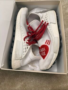 Human Made Men White Sneakers with Red Heart Patch and Red Laces